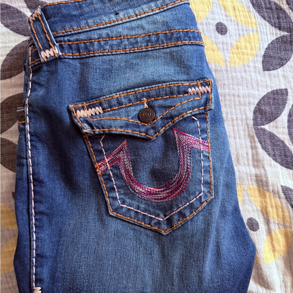 True Religion Blue Jeans with Pink and Orange Stitching